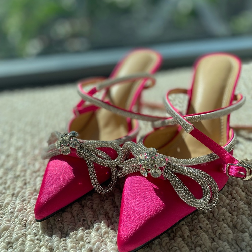 Women's Rhinestone Ankle Strap Satin Pointy Stilettos Backless Heeled Sandals